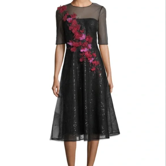 Rickie Freeman For Teri Jon Sheer 3D Floral Sequin A-Line Cocktail Dress, Black, Women's, 18 Rickie Freeman For Teri Jon Sheer 3D Floral Sequin A-Line Cocktail Dress, Black, Women's, 18